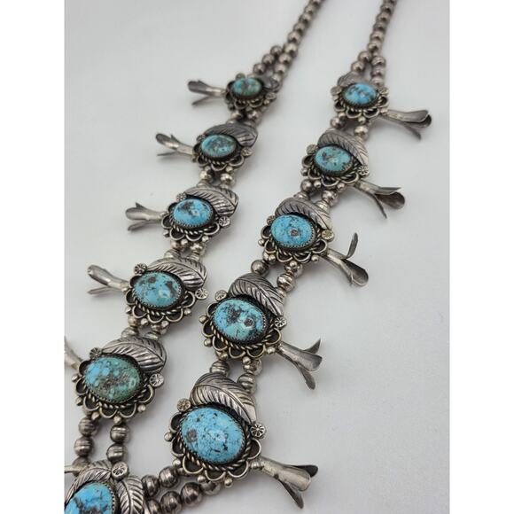 Early Navajo Indian KINGMAN Turquoise Sterling Silver Squash Blossom Necklace - Picture 9 of 16